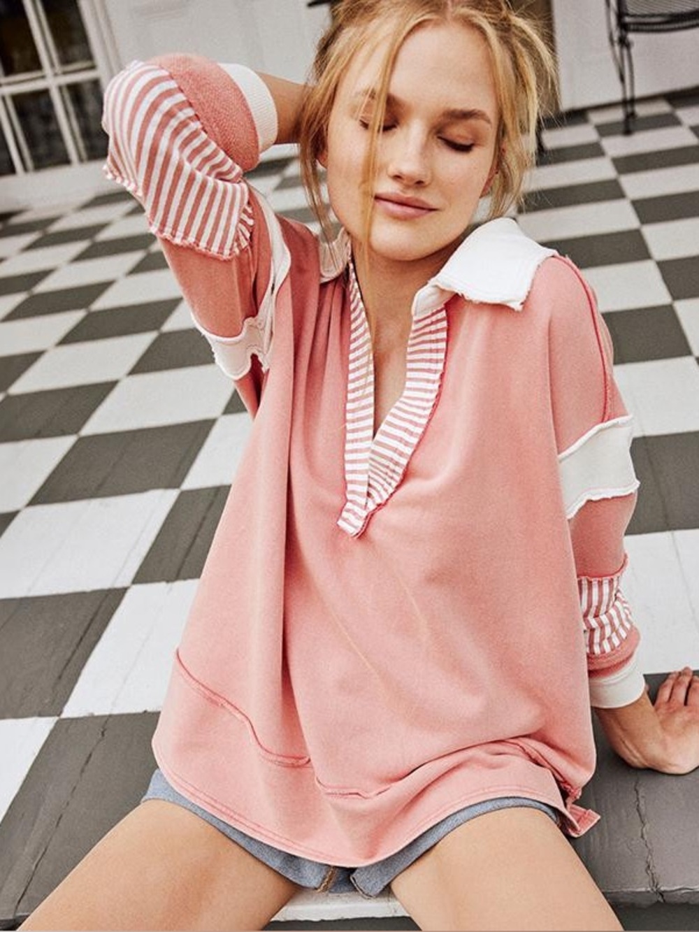 Free People We The Free Clean Prep Polo French terry pullover Rosetta Combo XS